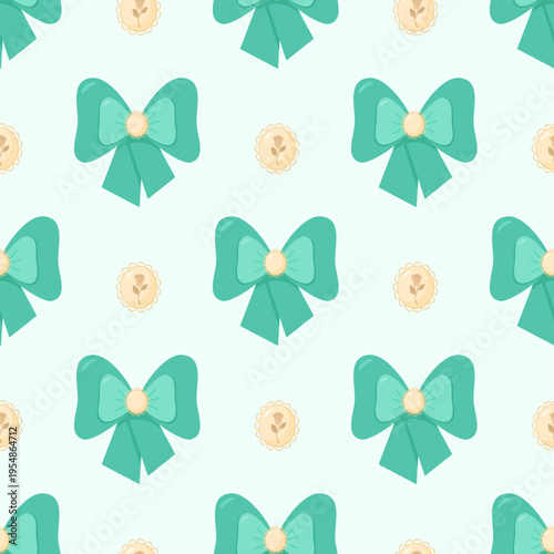 Elegant bow with a vintage brooch, seamless pattern. Vector illustration, flat style. Accessory.