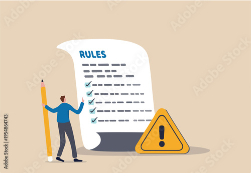 Rules and regulations, policy and guideline for employee to follow, legal term, corporate compliance or laws, standard procedure concept, businessman finish writing rules and regulations