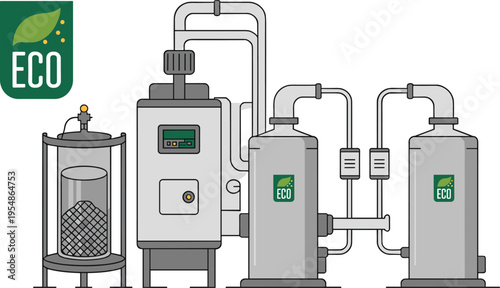 Flat vector illustration of eco industrial processing system, sustainable recycling equipment, green energy plant technology and environmental protection concept design