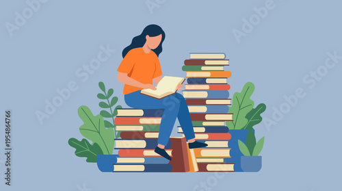 A woman with dark hair sits on a large stack of books, engrossed in reading another book, surrounded by many more book piles and potted plants.