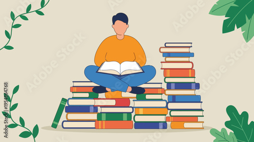 An illustration of a person sitting cross-legged on a large stack of books, engrossed in reading an open book, surrounded by more book piles, symbolizing learning and knowledge.