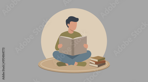 Illustration of a young man sitting cross-legged on a rug, engrossed in reading a book, with a stack of books beside him.