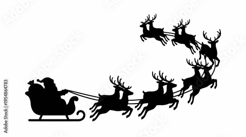 Black silhouette of Santa Claus in his sleigh pulled by nine flying reindeer against a white background, depicting a classic Christmas scene.