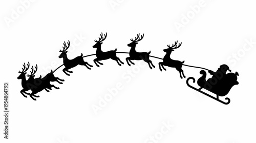 Silhouette of Santa Claus in his sleigh pulled by eight flying reindeer, depicting a classic Christmas holiday scene.
