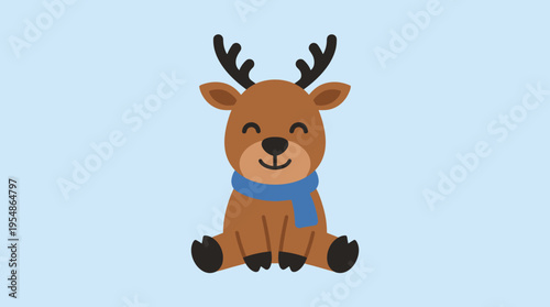 Adorable cartoon reindeer with blue scarf sitting happily on a light blue background, perfect for festive winter designs.