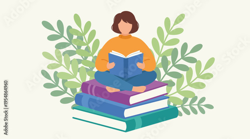 An illustration of a woman sitting cross-legged on a stack of books, engrossed in reading, surrounded by lush green foliage, symbolizing knowledge, learning, and peaceful leisure.