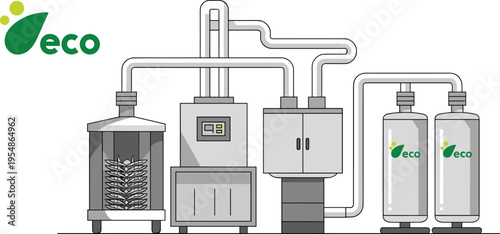 Flat vector illustration of eco recycling processing system, sustainable industrial equipment, green energy plant technology and environmental protection concept design