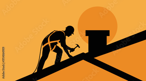 Silhouette of a roofer wearing a safety harness and helmet, hammering on a house roof next to a chimney against an orange sunset sky.