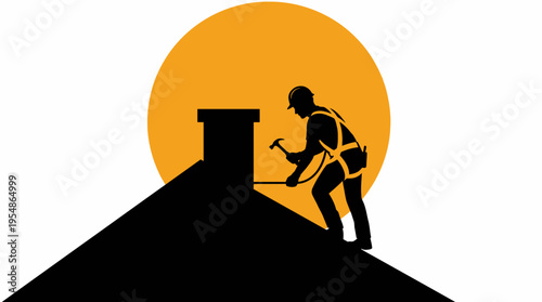 A silhouette of a roofer or construction worker on a dark roof, wearing a hard hat and safety harness, hammering near a chimney against a large orange sun.