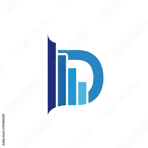 A simple blue and white logo featuring a stylized letter 'D' composed of bar graph elements, representing business growth and financial analysis
