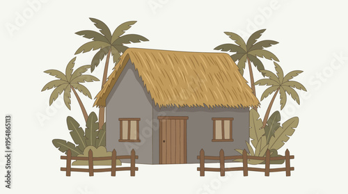 A charming illustration of a tropical hut with a thatched roof, surrounded by palm trees and lush greenery, featuring a rustic wooden fence.