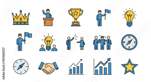 Business Success Icons: Crown, Trophy, Lightbulb, Handshake, Graph, Compass, Graduation