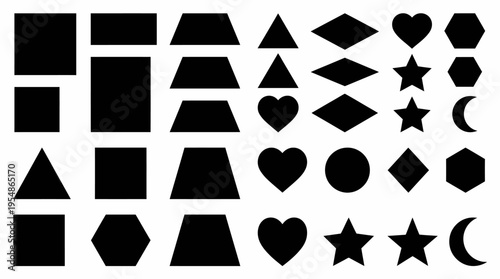 Collection of various black geometric and abstract shapes arranged in a grid pattern on a white background.