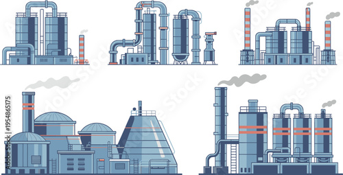 Flat vector illustration of industrial factory plants, oil refinery buildings with pipelines, storage tanks and smokestacks, modern energy production and petrochemical industry concept design