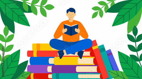 An illustration of a person sitting cross-legged on a stack of colorful books, reading, surrounded by green leaves, symbolizing learning and knowledge.