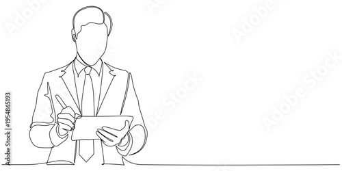 One line drawing of a businessman holding a tablet Vector, illustration