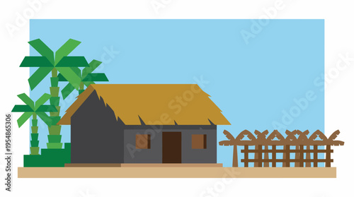 A simple, stylized illustration of a rustic hut with a thatched roof, flanked by two green palm trees, on a sandy ground under a clear blue sky, with a wooden fence nearby.
