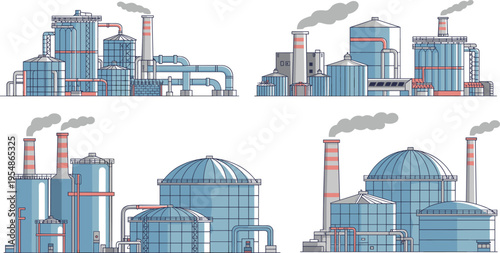 Flat vector illustration of industrial refinery factories, oil processing plants with pipelines, storage tanks and smokestacks, modern energy production and petrochemical industry concept design