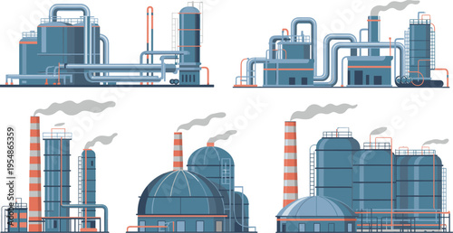 Flat vector illustration of industrial refinery plants, factory buildings with pipelines, storage tanks and smokestacks, modern energy production and petrochemical manufacturing concept design