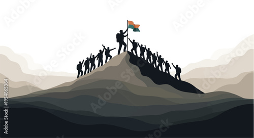 people on mountain top with flag teamwork success