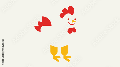 A minimalist and modern graphic illustration of a white chicken with red comb and wattle, and yellow legs, set against a light cream background.