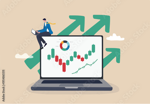 Stock trading or crypto currency investing, technical analysis for investment, financial graph and chart, stock market or currency exchange concept, businessman investor using laptop to trade.