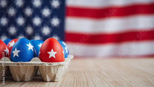 Patriotic red and blue Easter eggs decorated with white stars rest in a carton before the softly blurred American flag background