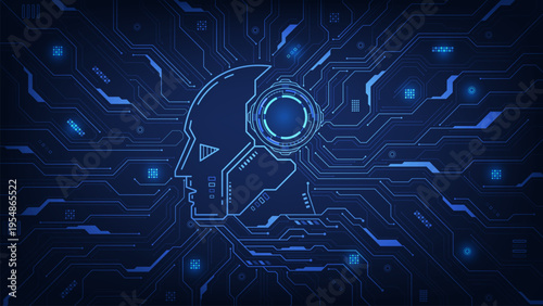 Humanoid robot with an AI brain and circuit on futuristic background.  Artificial intelligence innovation and machine learning.  Electronic brain. Artificial neural network. Vector illustration.