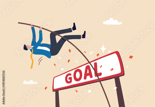 Reach business goal or target, success, achievement or challenge to overcome obstacle and win competition, performance or skill to reach goal, winner concept, businessman pole vault jump