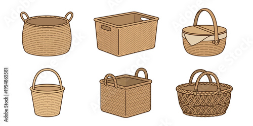 Set of vector illustrations featuring various woven wicker baskets in different shapes and styles, including picnic, storage, and laundry bins.