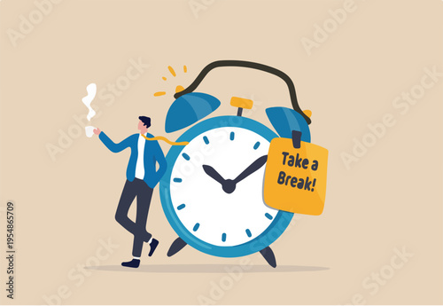 Time to take a break, coffee break time to relax and refresh from long stress interval, free from bored, sleepy and fatigue concept, relax businessman with a cup of coffee or tea with alarm