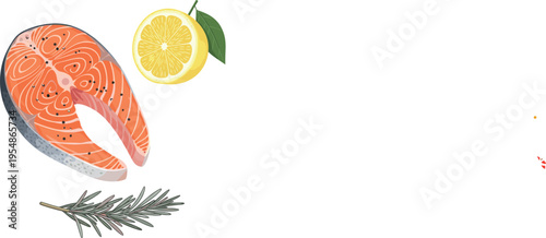Fresh salmon steak with lemon slice and rosemary herb vector illustration isolated healthy seafood ingredient