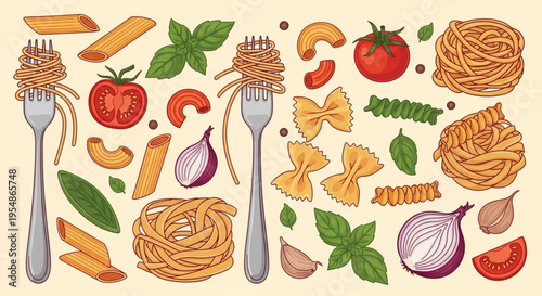 Italian Pasta and Fresh Mediterranean Ingredients Illustration Featuring Spaghetti on Forks Tomatoes Basil and Onions