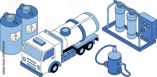 Industrial fuel tanker truck and filtration system vector illustration with storage tanks pipelines processing equipment engineering technology isolated collection