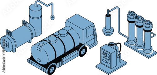 Industrial fuel and liquid storage system vector illustration with tanker truck tanks pipelines filtration equipment engineering technology isolated collection