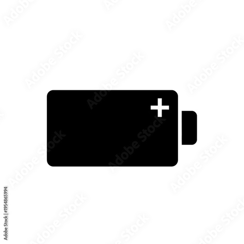 Sleek black battery icon with plus symbol representing full charge, optimal power, and energy efficiency for modern electronic devices and sustainable technology concepts