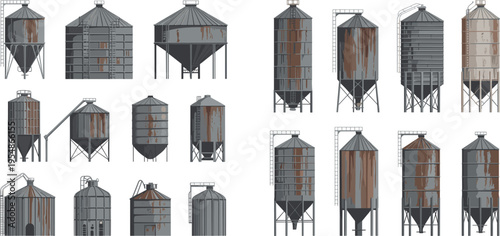 Industrial grain silos vector illustration set with metal storage tanks agricultural equipment farm industry containers rustic texture isolated collection