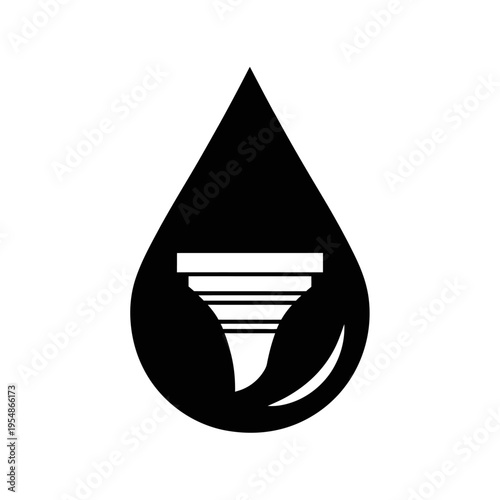 Abstract black silhouette icon of a water drop containing an inverted classical column capital, symbolizing filtration, purity, and quality liquid processing for healthy consumption