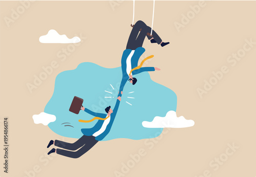 Trustworthy and honesty to believe in work together, integrity or trust for partnership, support and reliable to help success together concept, businessman acrobat hold hand tight by trusted.