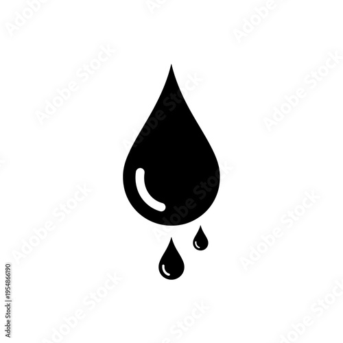 A black icon featuring a large water droplet with two smaller droplets falling from it, symbolizing liquid or water