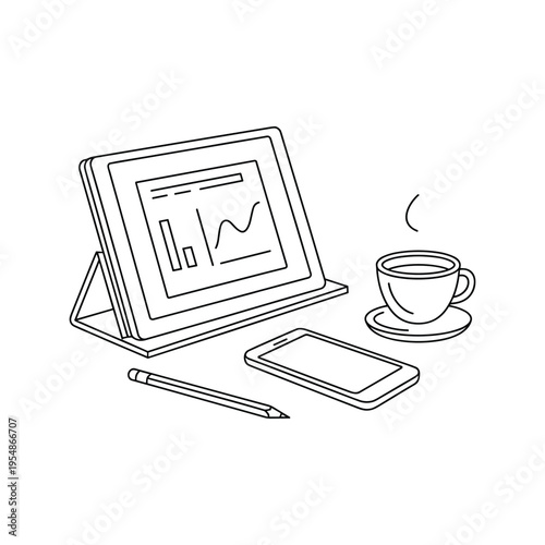 Black and white of laptop with wi fi signal and coffee cup