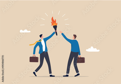 Successor plan, baton pass or transfer to new chosen leader, change new CEO or collaboration to achieve goal and win business competition concept, smart businessman leader passing torch