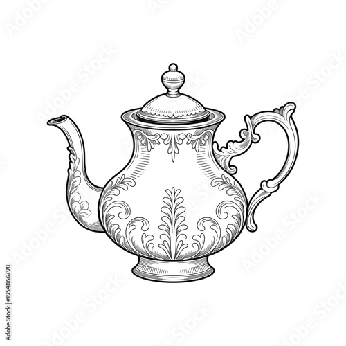 Black and white of ornate teapot with floral ornate