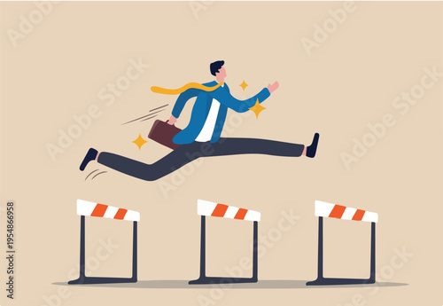 Success to win in business competition, overcome obstacles or motivation to solve problem and lead company achievement concept, confident businessman leader jump high over 3 hurdles to be win.