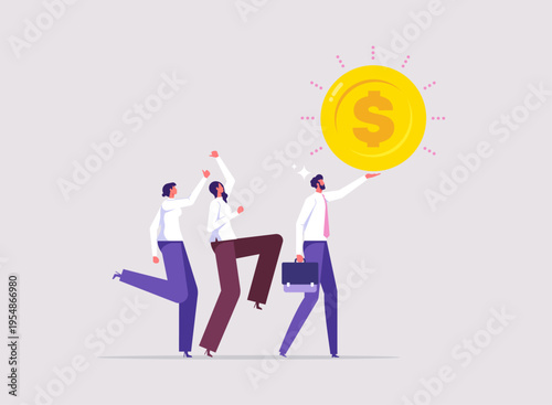 Money or financial success concept, success investing, growing wealth or being rich, successful businessman celebrating wealth holding big money with people cheering around him