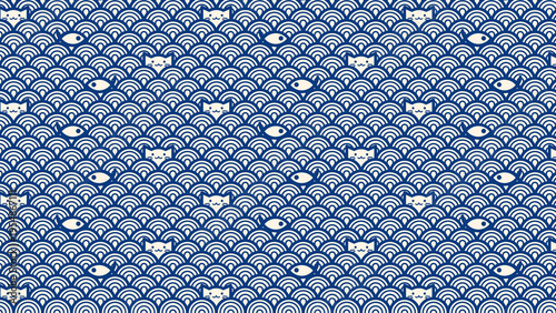 Photos Japanese Pattern Background – Seigaiha Wave with Cat and Fish Kawaii Design