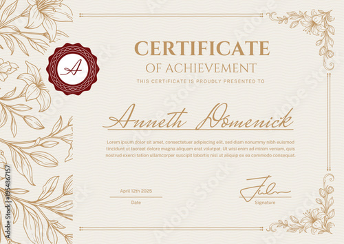 Elegant classy certificate with elegant text and decorative floral, editable text