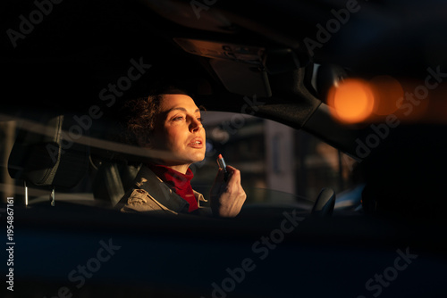 Woman applying lipstick in car during golden hour
