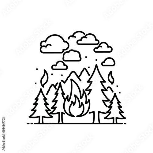 Minimalistic line art illustration of a devastating forest wildfire under a smoky sky, capturing the environmental crisis and natural disaster impact
