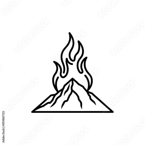 Campfire icon depicting flames rising from a pile of logs and rocks in a minimalist line art style, evoking a sense of warmth and outdoor adventure